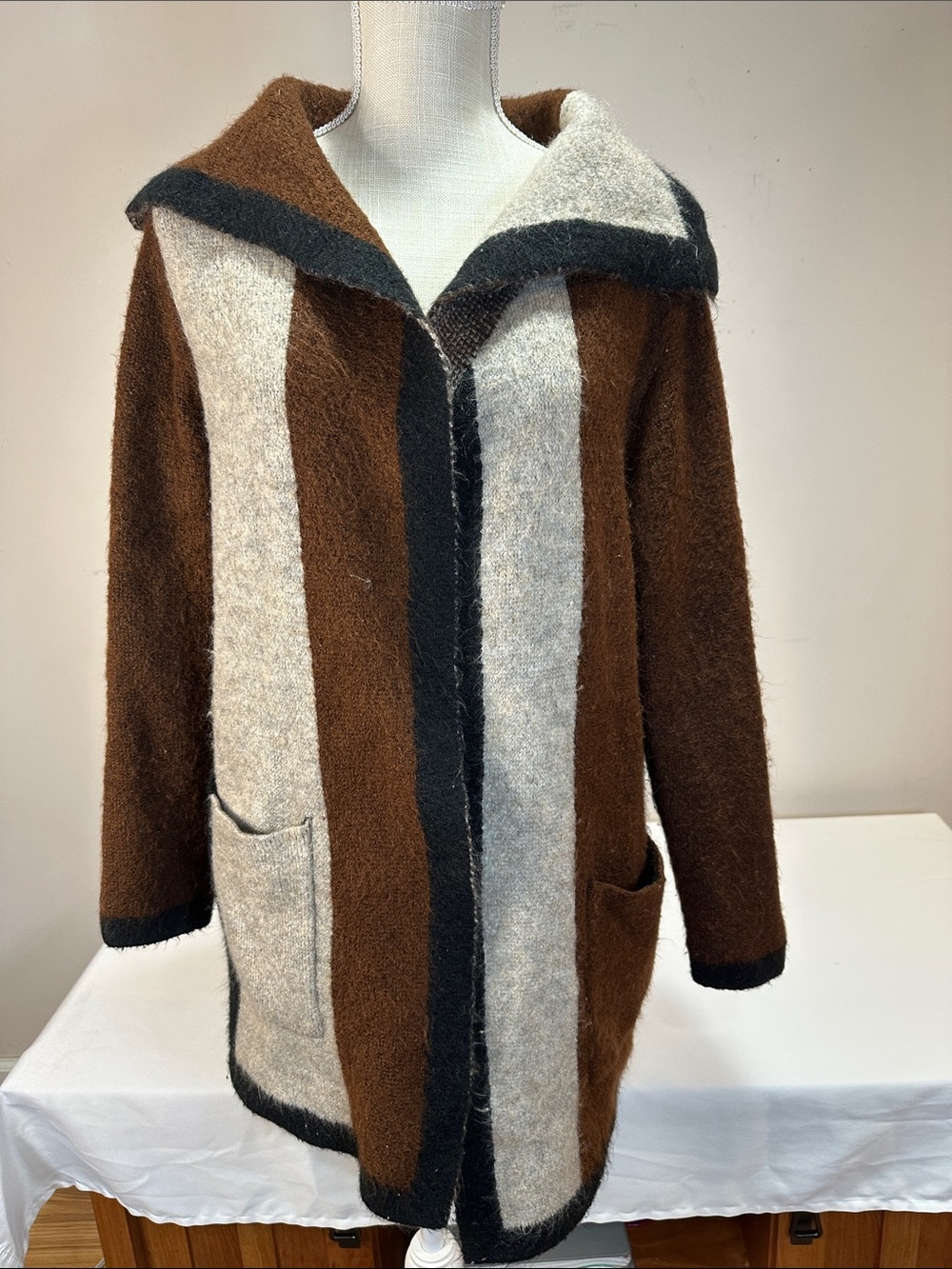 Max Studio Brown, Cream & Black Striped Hooded Coatigan